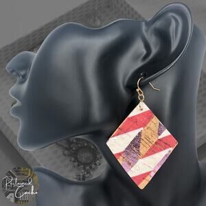 Red, Pink, and White Tribal Printed Cork Earrings